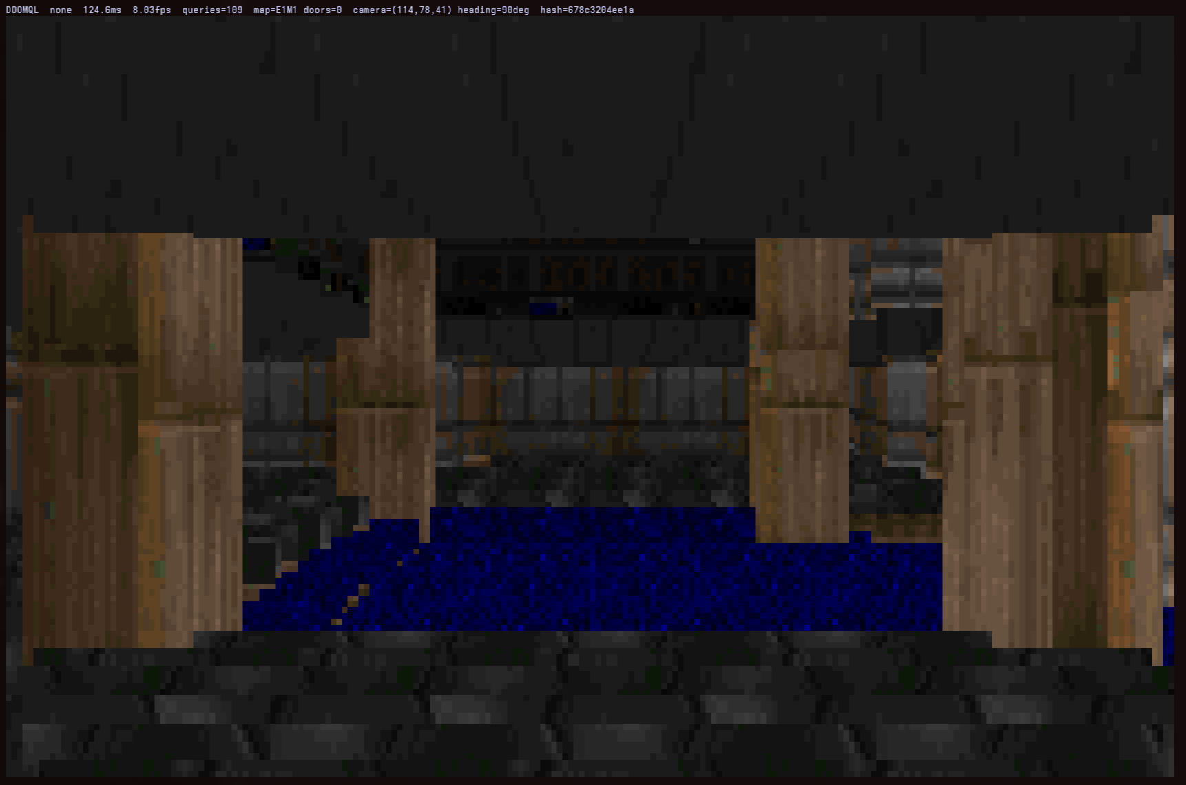 DoomQL render: wooden pillars and blue carpet walkway in E1M1