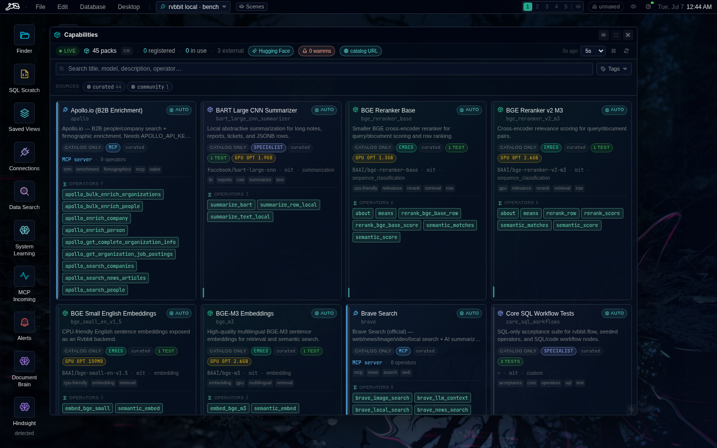 The capability catalog in Data Rabbit — 40+ curated packs mixing local specialist models, API embeddings, and MCP servers, each card exposing a set of ready-made SQL operators with call counts, latencies, and test status.