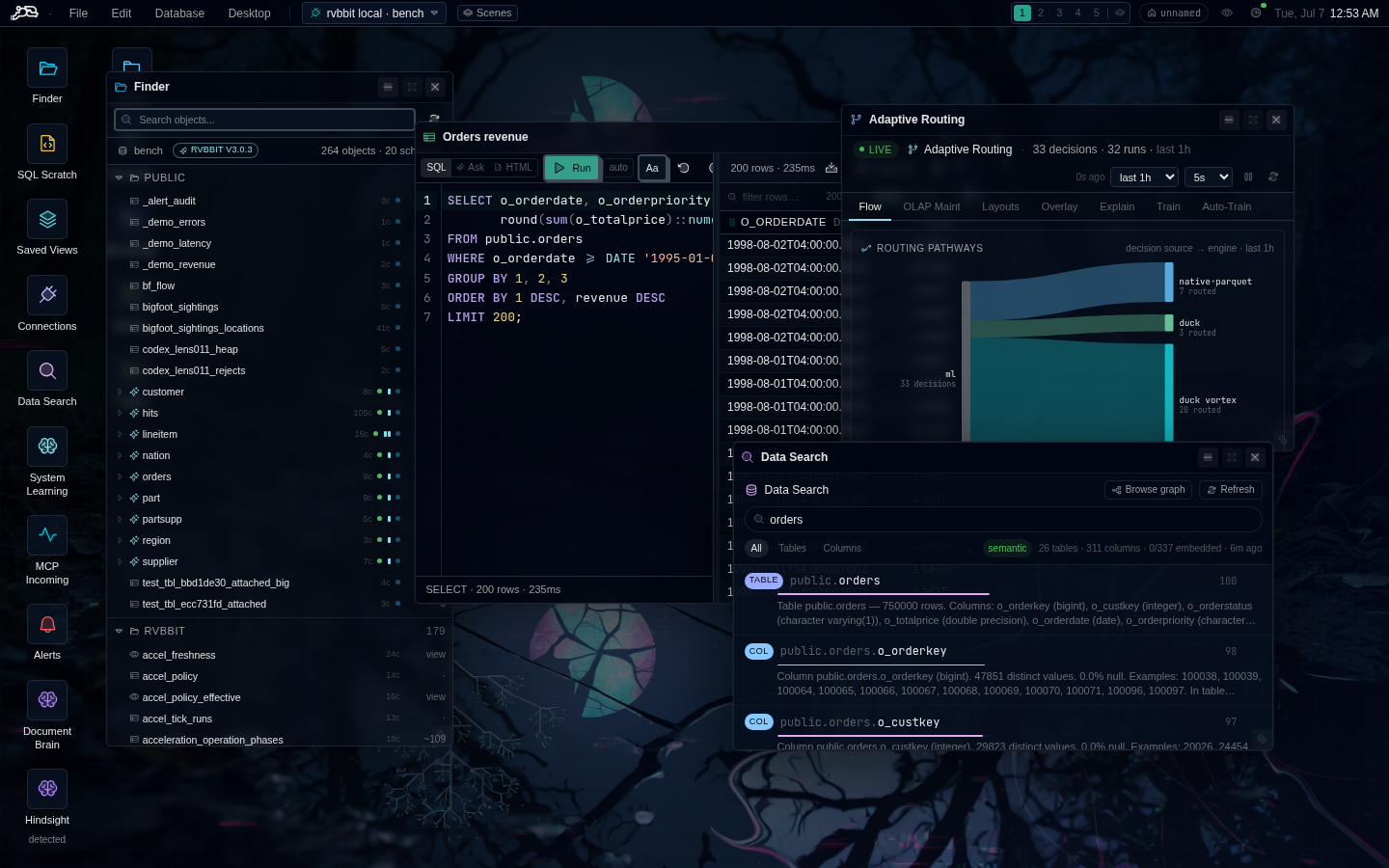 Data Rabbit - a desktop over any Postgres, lit up on an RVBBIT database: adaptive routing, model deploys, the operator canvas, the knowledge graph, and live receipts.