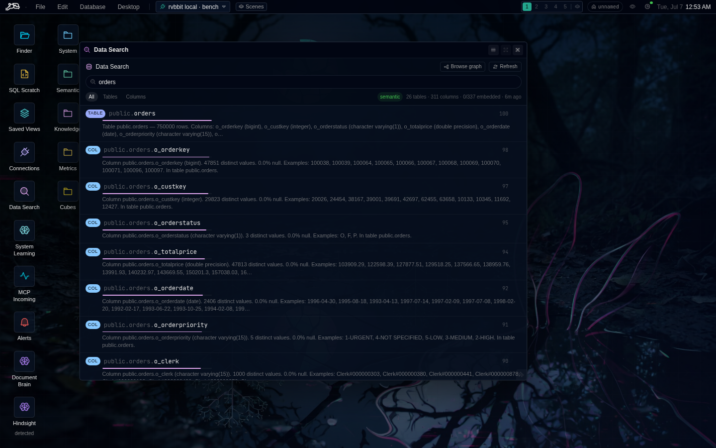 Data Search in Data Rabbit - free-text semantic search over the catalog, ranking tables and columns by what their data is about.