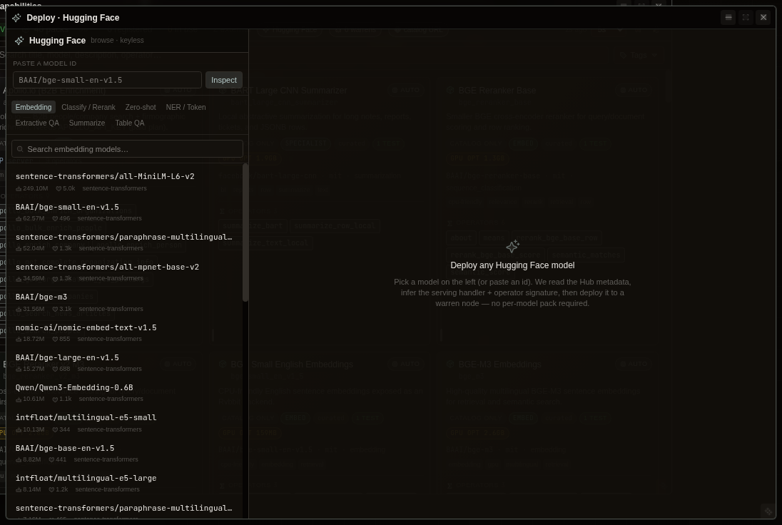 Deploy from Hugging Face in Data Rabbit — paste a model ID, inspect it, and run a scaffold → build → register → operator → smoke pipeline that turns it into a typed SQL operator, deployed local or to a managed runtime.